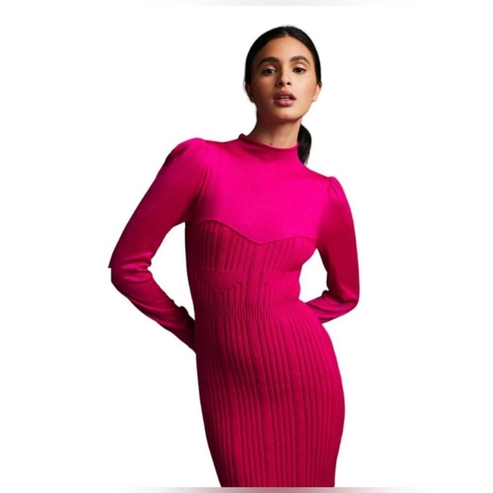 Anthropologie Turtleneck Hot pink Sweater midi mini Dress long sleeves Small
